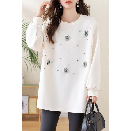 FA51284# 圆领宽松订钻长袖卫衣慵懒百搭休闲棉质大码女装 服裝批發女裝批發服飾貨源