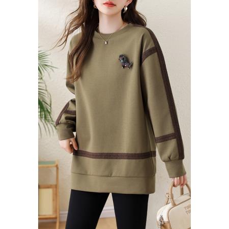 FA51286# 中长款刺绣拼接卫衣女简约休闲百搭宽松慵懒大码上衣 服裝批發女裝批發服飾貨源