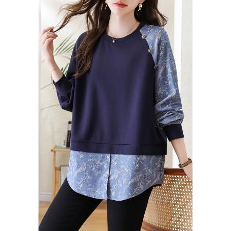 FA51287# 假两件提花拼接卫衣时尚洋气休闲百搭宽松大码女装 服裝批發女裝批發服飾貨源