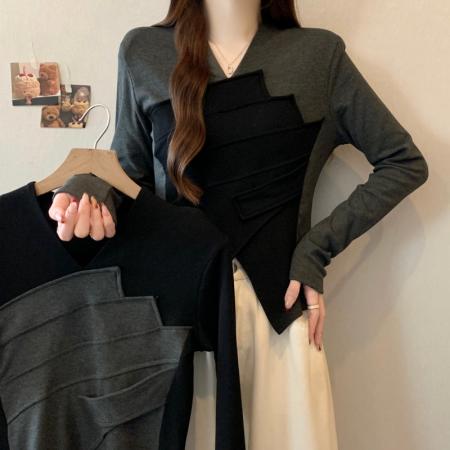 FA51288# 大码胖MM秋冬新款法式V领撞色拼接不对称套头正肩长袖上衣 服裝批發女裝批發服飾貨源