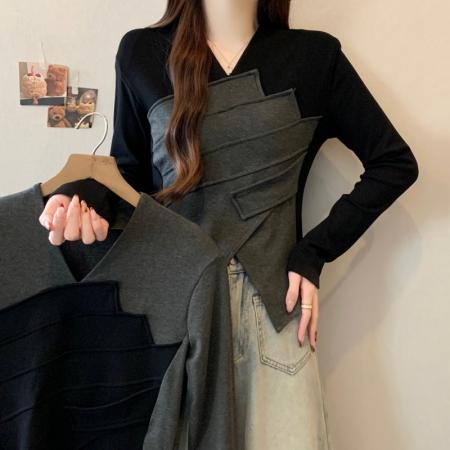 FA51288# 大码胖MM秋冬新款法式V领撞色拼接不对称套头正肩长袖上衣 服裝批發女裝批發服飾貨源