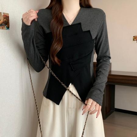 FA51288# 大码胖MM秋冬新款法式V领撞色拼接不对称套头正肩长袖上衣 服裝批發女裝批發服飾貨源