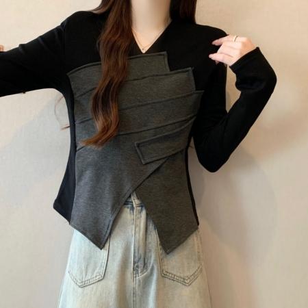 FA51288# 大码胖MM秋冬新款法式V领撞色拼接不对称套头正肩长袖上衣 服裝批發女裝批發服飾貨源