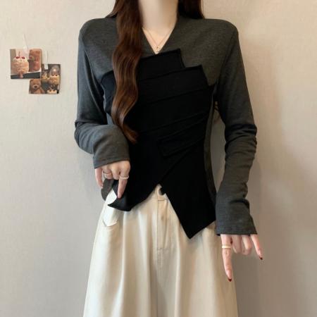FA51288# 大码胖MM秋冬新款法式V领撞色拼接不对称套头正肩长袖上衣 服裝批發女裝批發服飾貨源