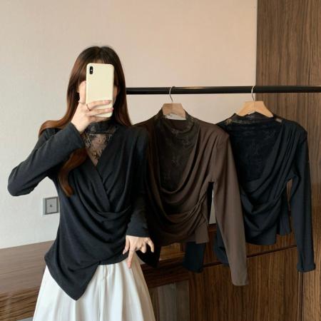 FA51289# 大码胖MM秋冬新款法式蕾丝拼接V领百褶收腰长袖套头上衣 服裝批發女裝批發服飾貨源