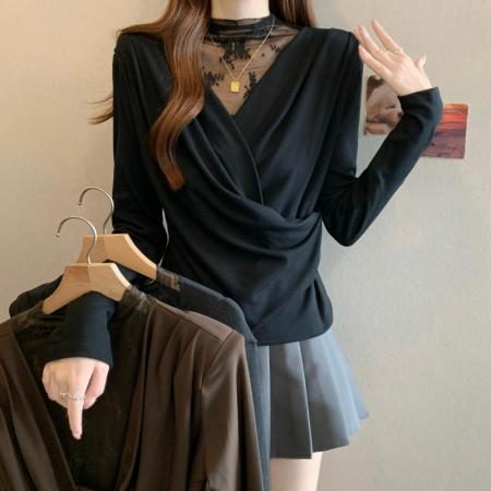 FA51289# 大码胖MM秋冬新款法式蕾丝拼接V领百褶收腰长袖套头上衣 服裝批發女裝批發服飾貨源