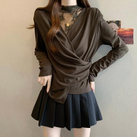 FA51289# 大码胖MM秋冬新款法式蕾丝拼接V领百褶收腰长袖套头上衣 服裝批發女裝批發服飾貨源