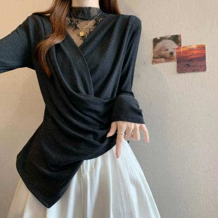 FA51289# 大码胖MM秋冬新款法式蕾丝拼接V领百褶收腰长袖套头上衣 服裝批發女裝批發服飾貨源