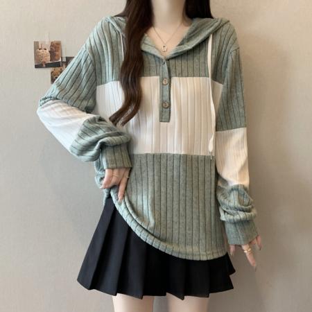 FA51290# 大码秋冬设计感绿白螺纹拼接抽绳连帽衫宽松柔软长袖卫衣 服裝批發女裝批發服飾貨源