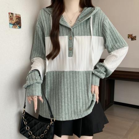 FA51290# 大码秋冬设计感绿白螺纹拼接抽绳连帽衫宽松柔软长袖卫衣 服裝批發女裝批發服飾貨源