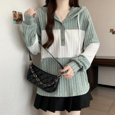 FA51290# 大码秋冬设计感绿白螺纹拼接抽绳连帽衫宽松柔软长袖卫衣 服裝批發女裝批發服飾貨源