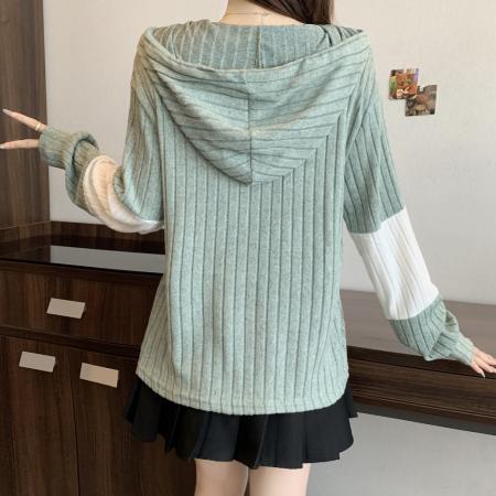 FA51290# 大码秋冬设计感绿白螺纹拼接抽绳连帽衫宽松柔软长袖卫衣 服裝批發女裝批發服飾貨源
