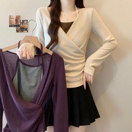 FA51291# 大码秋冬高端女装挂脖假两件针织T恤打底高级感设计上衣 服裝批發女裝批發服飾貨源