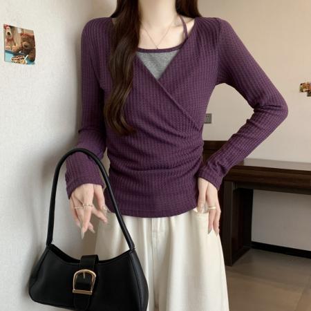 FA51291# 大码秋冬高端女装挂脖假两件针织T恤打底高级感设计上衣 服裝批發女裝批發服飾貨源