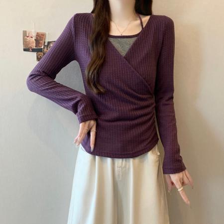 FA51291# 大码秋冬高端女装挂脖假两件针织T恤打底高级感设计上衣 服裝批發女裝批發服飾貨源