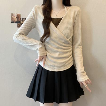 FA51291# 大码秋冬高端女装挂脖假两件针织T恤打底高级感设计上衣 服裝批發女裝批發服飾貨源