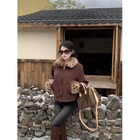 FA51292# 深咖毛毛拼接外套毛领夹克秋冬季新款美式收腰显瘦上衣 服裝批發女裝批發服飾貨源