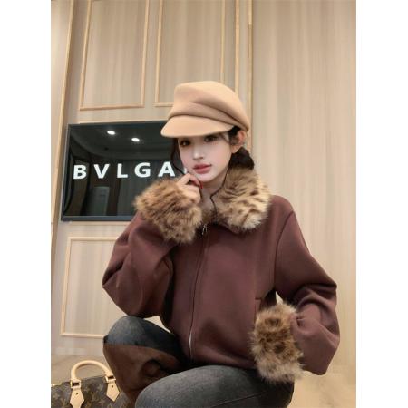 FA51292# 深咖毛毛拼接外套毛领夹克秋冬季新款美式收腰显瘦上衣 服裝批發女裝批發服飾貨源