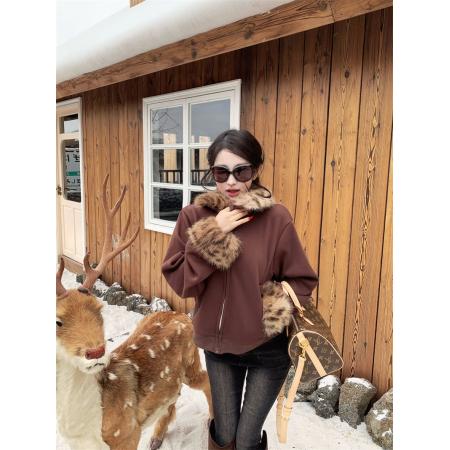 FA51292# 深咖毛毛拼接外套毛领夹克秋冬季新款美式收腰显瘦上衣 服裝批發女裝批發服飾貨源