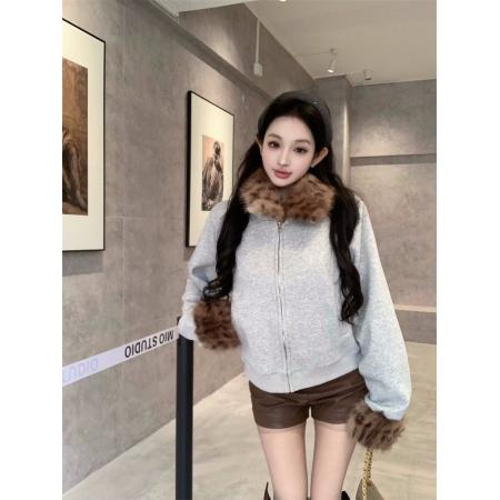 FA51292# 深咖毛毛拼接外套毛领夹克秋冬季新款美式收腰显瘦上衣 服裝批發女裝批發服飾貨源