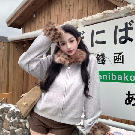 FA51292# 深咖毛毛拼接外套毛领夹克秋冬季新款美式收腰显瘦上衣 服裝批發女裝批發服飾貨源