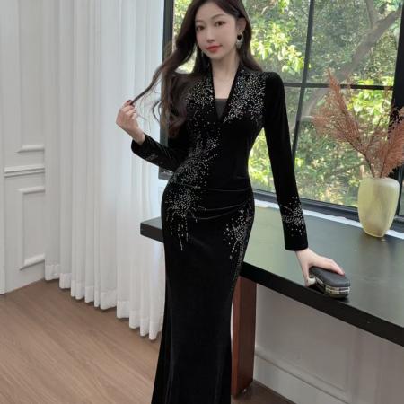 FA51295# 气质女人味简约修身拼接蕾丝包臀连衣裙长袖女神款 服裝批發女裝批發服飾貨源