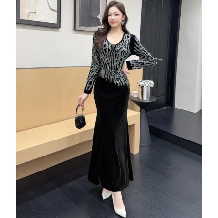 FA51296# 时尚网红v领烫钻长裙包臀连衣裙 服裝批發女裝批發服飾貨源