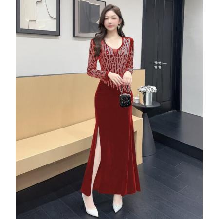 FA51296# 时尚网红v领烫钻长裙包臀连衣裙 服裝批發女裝批發服飾貨源