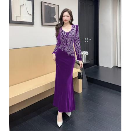 FA51296# 时尚网红v领烫钻长裙包臀连衣裙 服裝批發女裝批發服飾貨源