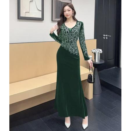 FA51296# 时尚网红v领烫钻长裙包臀连衣裙 服裝批發女裝批發服飾貨源