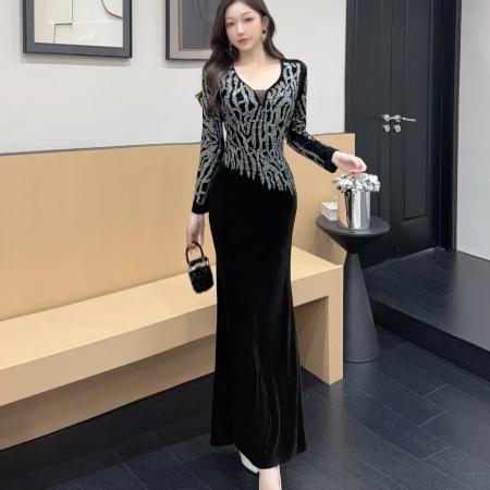 FA51296# 时尚网红v领烫钻长裙包臀连衣裙 服裝批發女裝批發服飾貨源