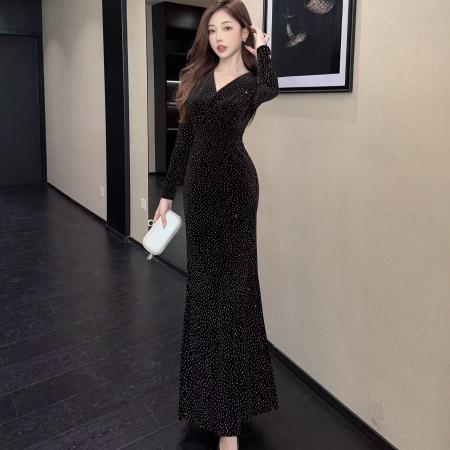 FA51297# 秋季时尚印花v领长裙包臀连衣裙洋装礼服 服裝批發女裝批發服飾貨源