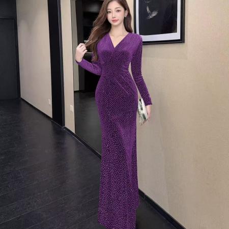 FA51297# 秋季时尚印花v领长裙包臀连衣裙洋装礼服 服裝批發女裝批發服飾貨源