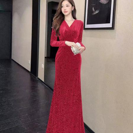 FA51297# 秋季时尚印花v领长裙包臀连衣裙洋装礼服 服裝批發女裝批發服飾貨源