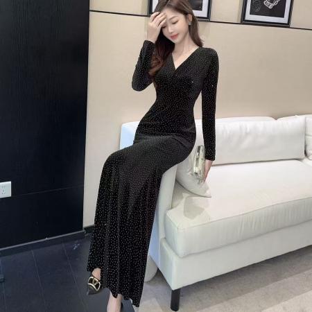 FA51297# 秋季时尚印花v领长裙包臀连衣裙洋装礼服 服裝批發女裝批發服飾貨源