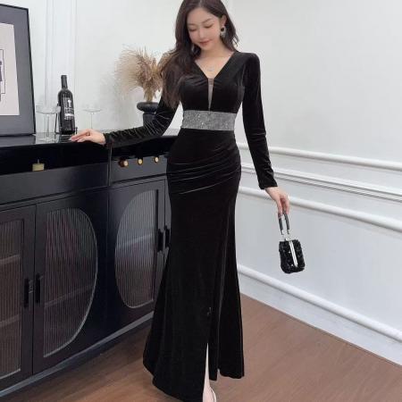 FA51298# 新款年会气场女王高端宴会气质性感长款丝绒长袖 服裝批發女裝批發服飾貨源