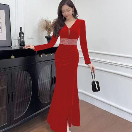 FA51298# 新款年会气场女王高端宴会气质性感长款丝绒长袖 服裝批發女裝批發服飾貨源