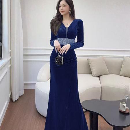 FA51298# 新款年会气场女王高端宴会气质性感长款丝绒长袖 服裝批發女裝批發服飾貨源