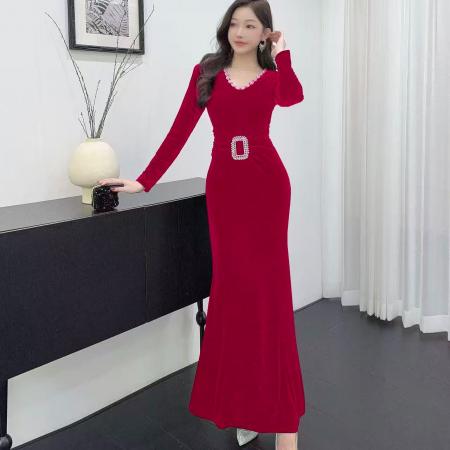 FA51299# 晚礼服裙女宴会气质长款修身丝绒年会战袍名媛连衣裙女 服裝批發女裝批發服飾貨源