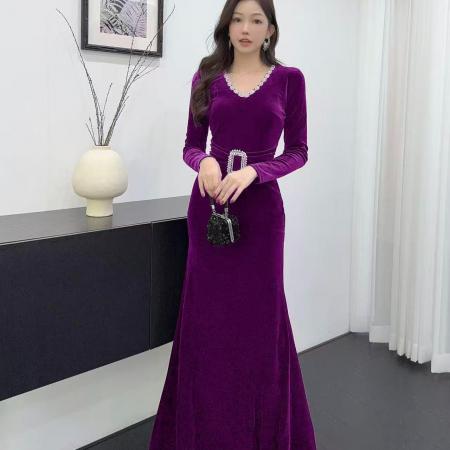 FA51299# 晚礼服裙女宴会气质长款修身丝绒年会战袍名媛连衣裙女 服裝批發女裝批發服飾貨源