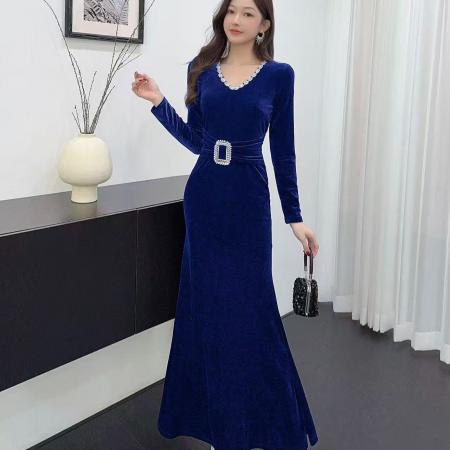 FA51299# 晚礼服裙女宴会气质长款修身丝绒年会战袍名媛连衣裙女 服裝批發女裝批發服飾貨源