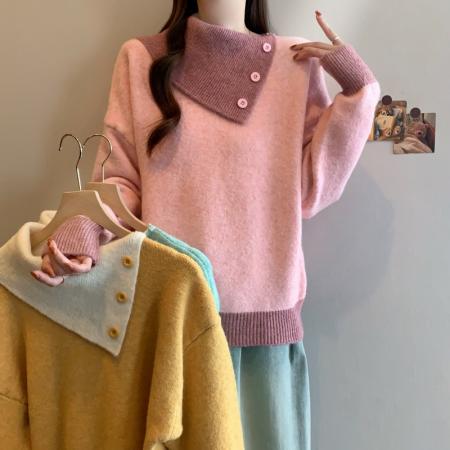 FA51302# 设计感撞色翻领针织毛衣冬季新年穿搭减龄显瘦洋气百搭上衣女 服裝批發女裝批發服飾貨源