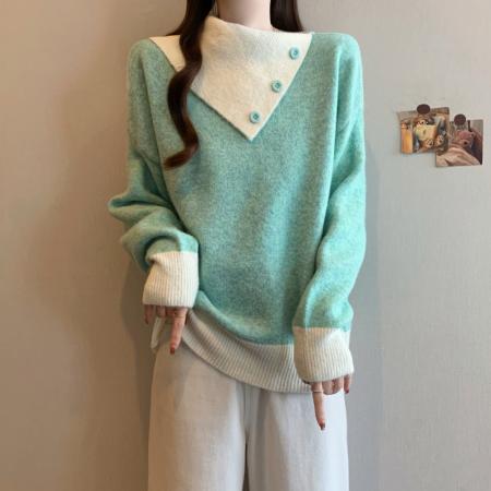 FA51302# 设计感撞色翻领针织毛衣冬季新年穿搭减龄显瘦洋气百搭上衣女 服裝批發女裝批發服飾貨源