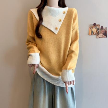 FA51302# 设计感撞色翻领针织毛衣冬季新年穿搭减龄显瘦洋气百搭上衣女 服裝批發女裝批發服飾貨源