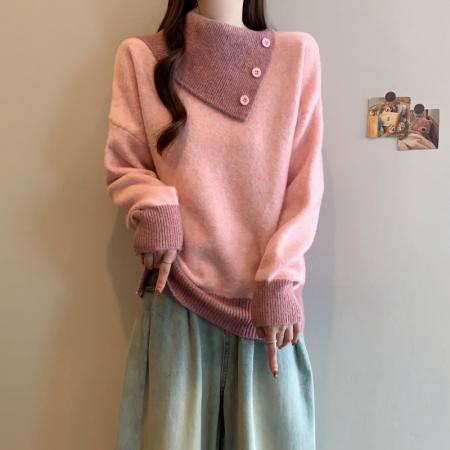 FA51302# 设计感撞色翻领针织毛衣冬季新年穿搭减龄显瘦洋气百搭上衣女 服裝批發女裝批發服飾貨源