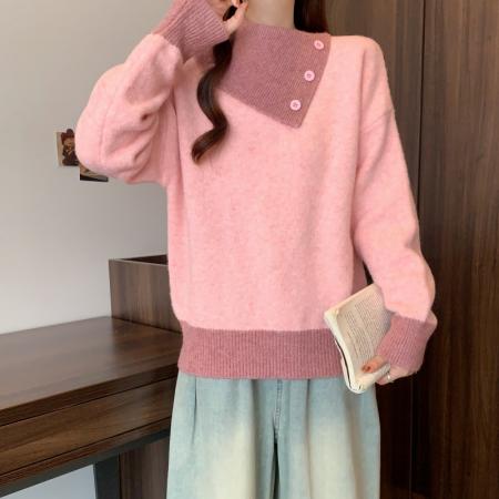 FA51302# 设计感撞色翻领针织毛衣冬季新年穿搭减龄显瘦洋气百搭上衣女 服裝批發女裝批發服飾貨源