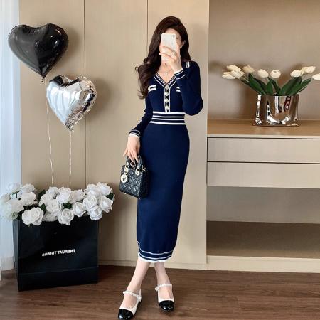 FA51307# 秋冬季女装新款小香风polo领长袖针织连衣裙修身包臀过膝裙 服裝批發女裝批發服飾貨源