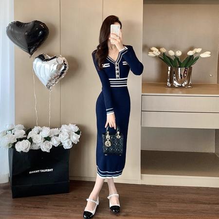 FA51307# 秋冬季女装新款小香风polo领长袖针织连衣裙修身包臀过膝裙 服裝批發女裝批發服飾貨源