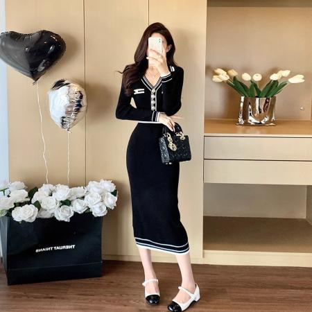 FA51307# 秋冬季女装新款小香风polo领长袖针织连衣裙修身包臀过膝裙 服裝批發女裝批發服飾貨源