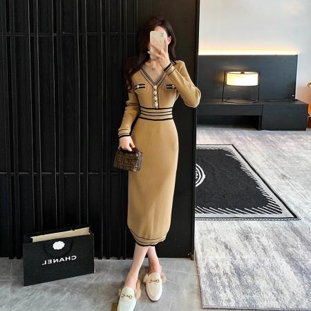 FA51307# 秋冬季女装新款小香风polo领长袖针织连衣裙修身包臀过膝裙 服裝批發女裝批發服飾貨源
